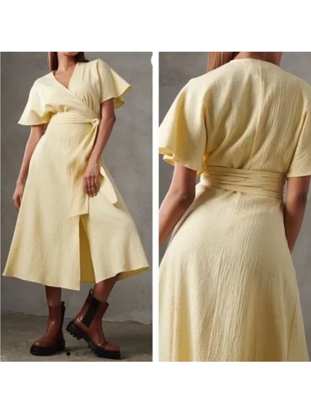 NWT WhoWhatWearTextured Cotton Gauzy Yellow Wrap Dress sz M Summer Cottagecore